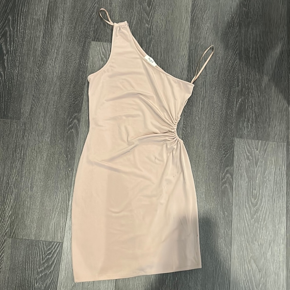 Tan one shoulder mini dress